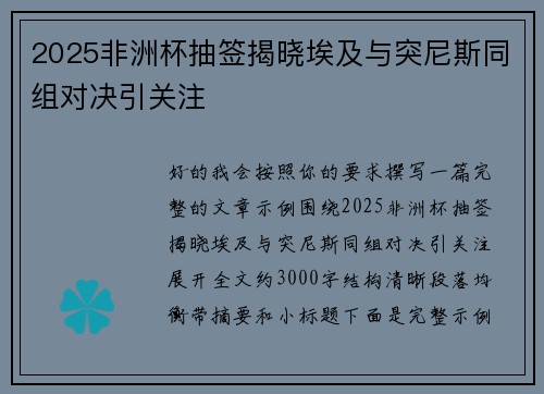 2025非洲杯抽签揭晓埃及与突尼斯同组对决引关注