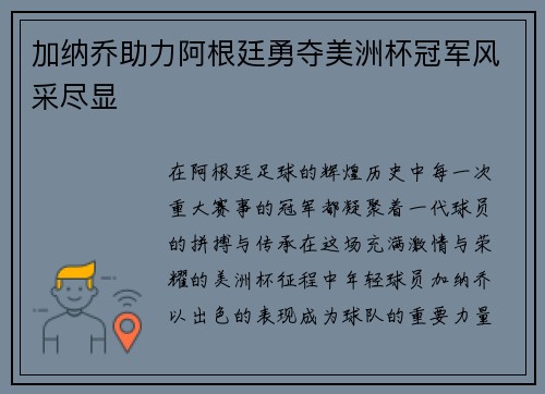 加纳乔助力阿根廷勇夺美洲杯冠军风采尽显 加纳乔助力阿根廷勇夺美洲杯冠军风采尽显